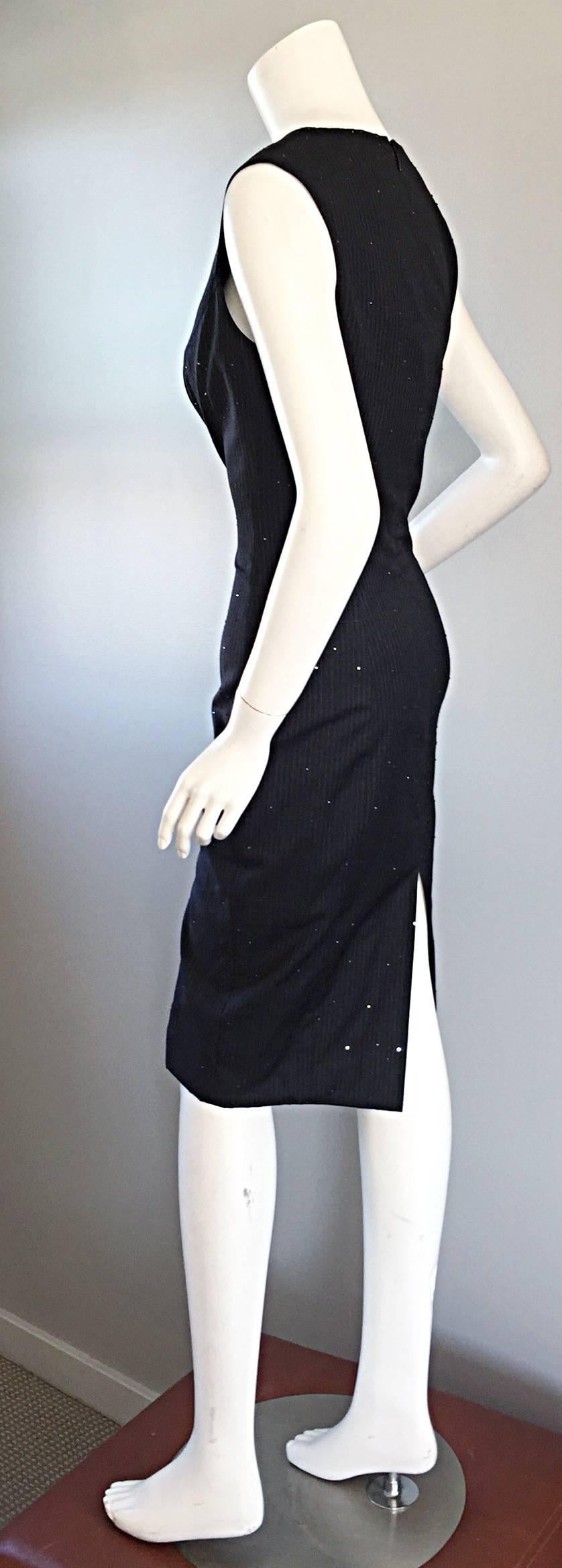 Exquisite Vintage James Purcell BNWT $2, 300 Gray Pinstripe Dress Black Crystals In New Condition For Sale In San Diego, CA