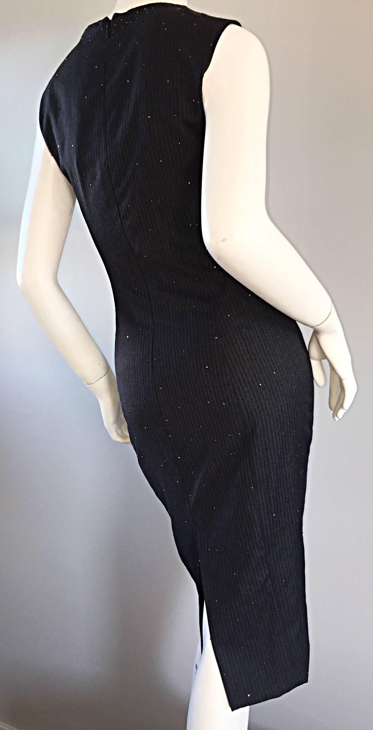 Exquisite Vintage James Purcell BNWT $2. 300 Graues Nadelstreifen-Kleid mit schwarzen Kristallen, Vintage im Zustand „Neu“ im Angebot in San Diego, CA