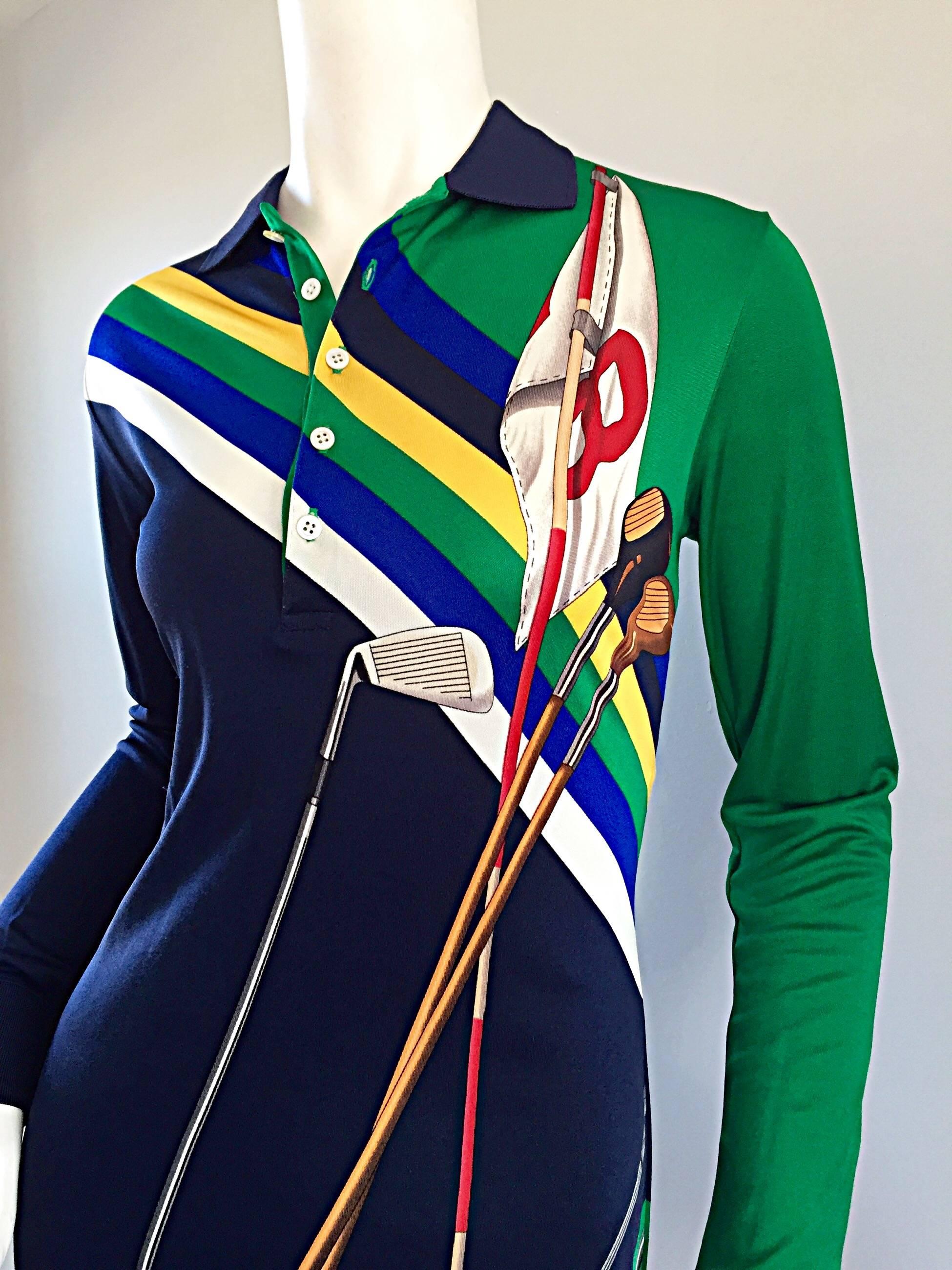 Vintage Ralph Lauren ' Blue Label ' Silk Jersey Shirt Dress w/ Golf Theme In New Condition In San Diego, CA