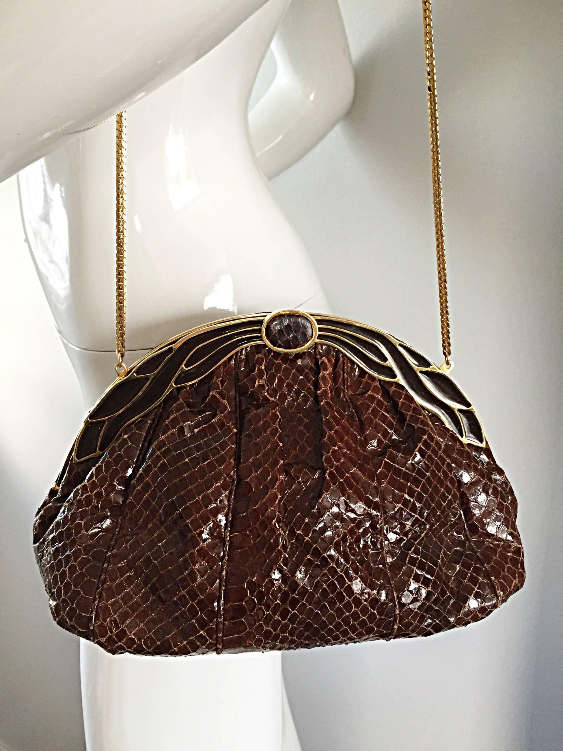 Vintage Finesse La Model Chocolate Brown Python Snakeskin Convertible Clutch Bag 1