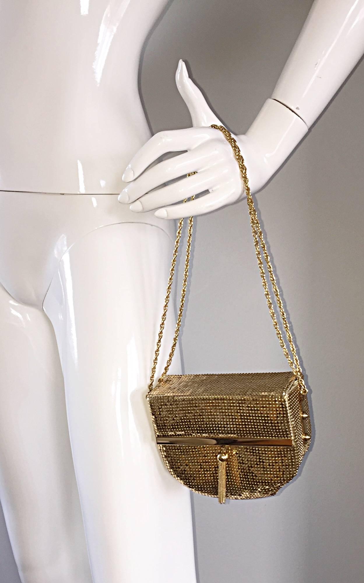 Women's 1980s Vintage Oroton Gold Chain Mail Metal Mesh Tassel Box Bag Purse Handbag