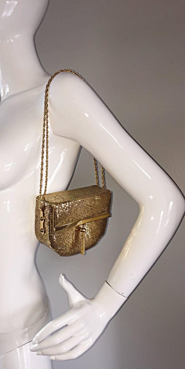 1980s Vintage Oroton Gold Chain Mail Metal Mesh Tassel Box Bag Purse