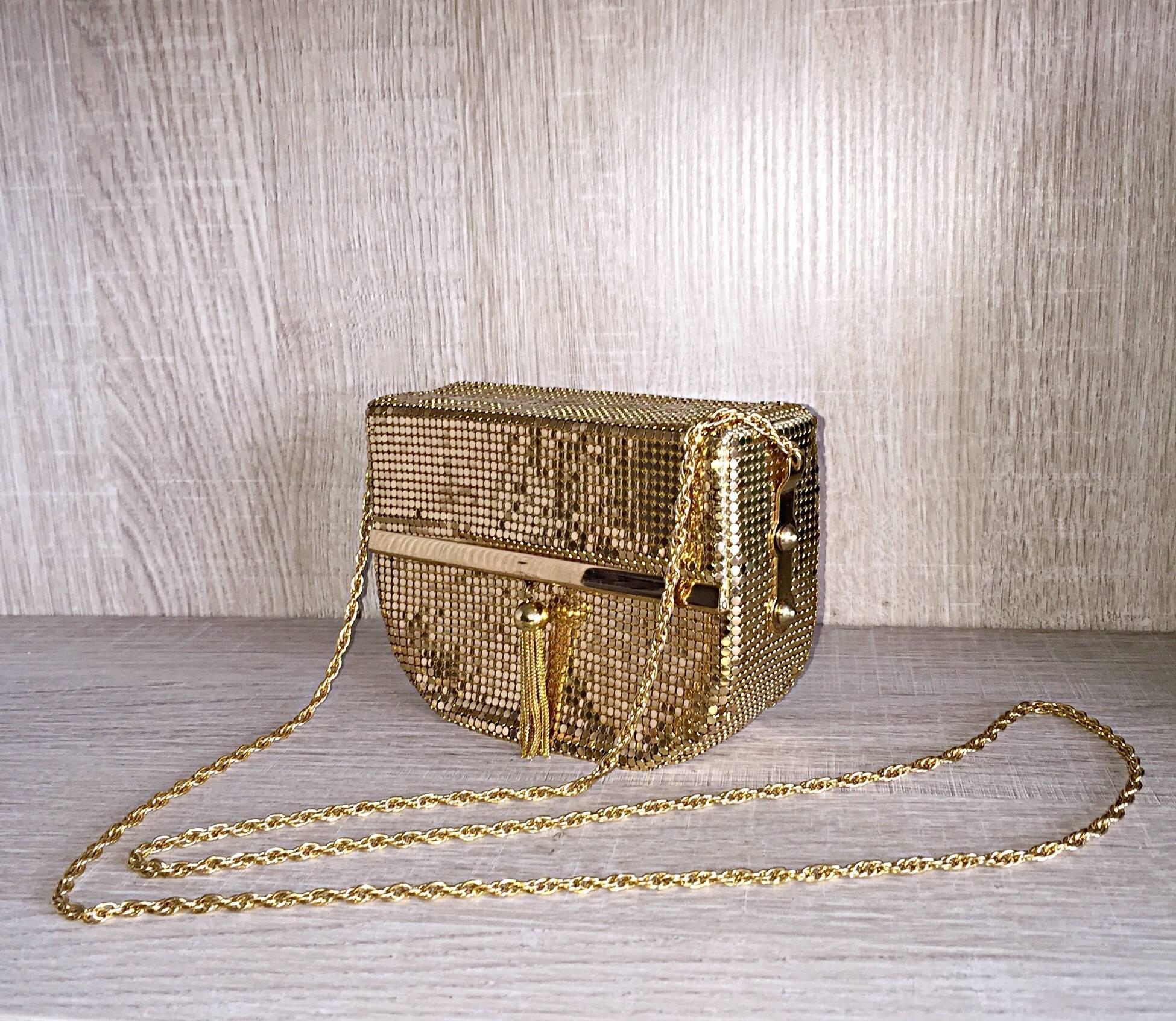 1980s Vintage Oroton Gold Chain Mail Metal Mesh Tassel Box Bag Purse Handbag 1