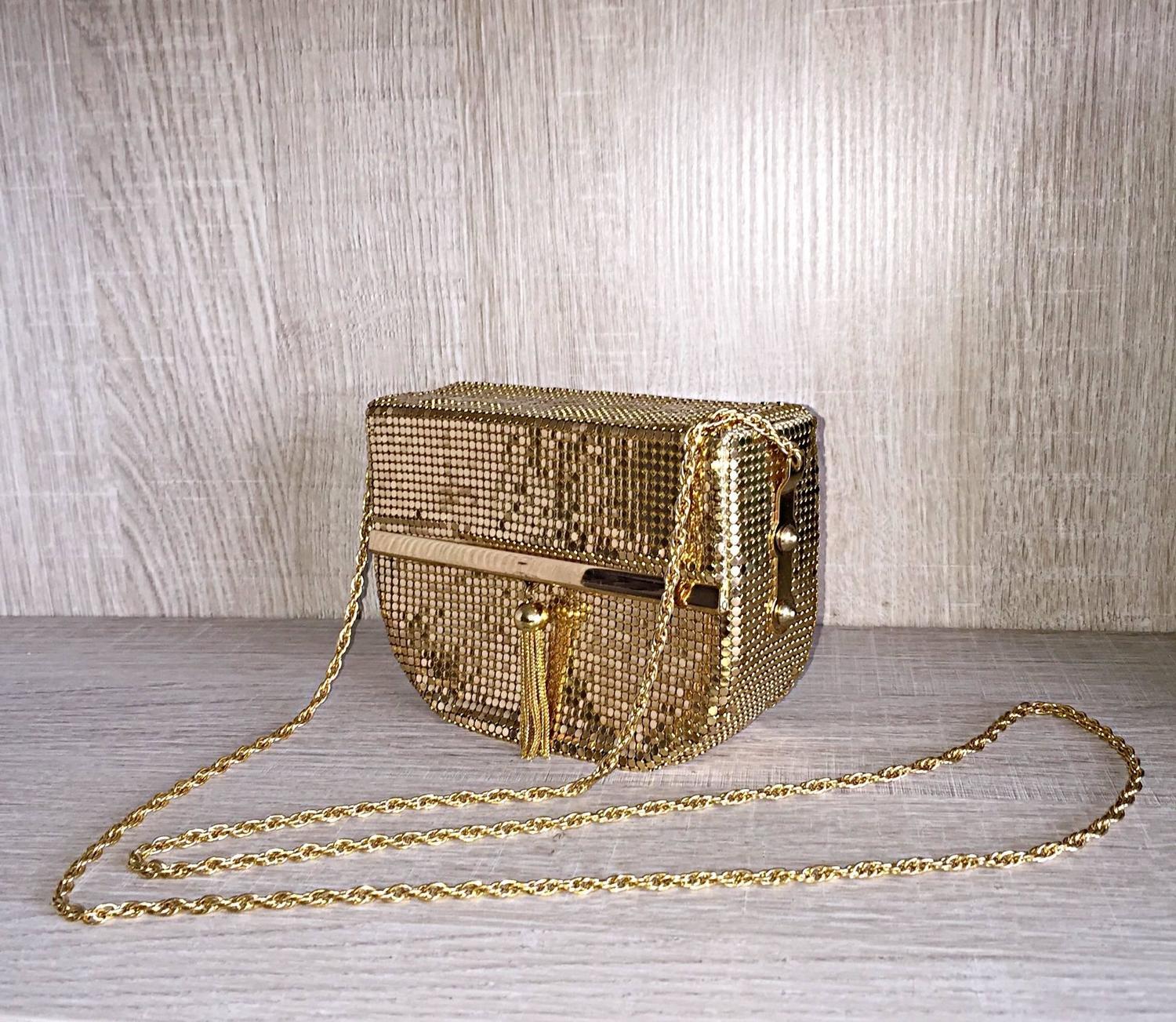 1980s Vintage Oroton Gold Chain Mail Metal Mesh Tassel Box Bag Purse