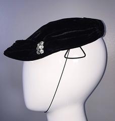 Beautiful 1940s Silk Velvet Vintage Black Hat w/ Rhinestones and Chin Strap