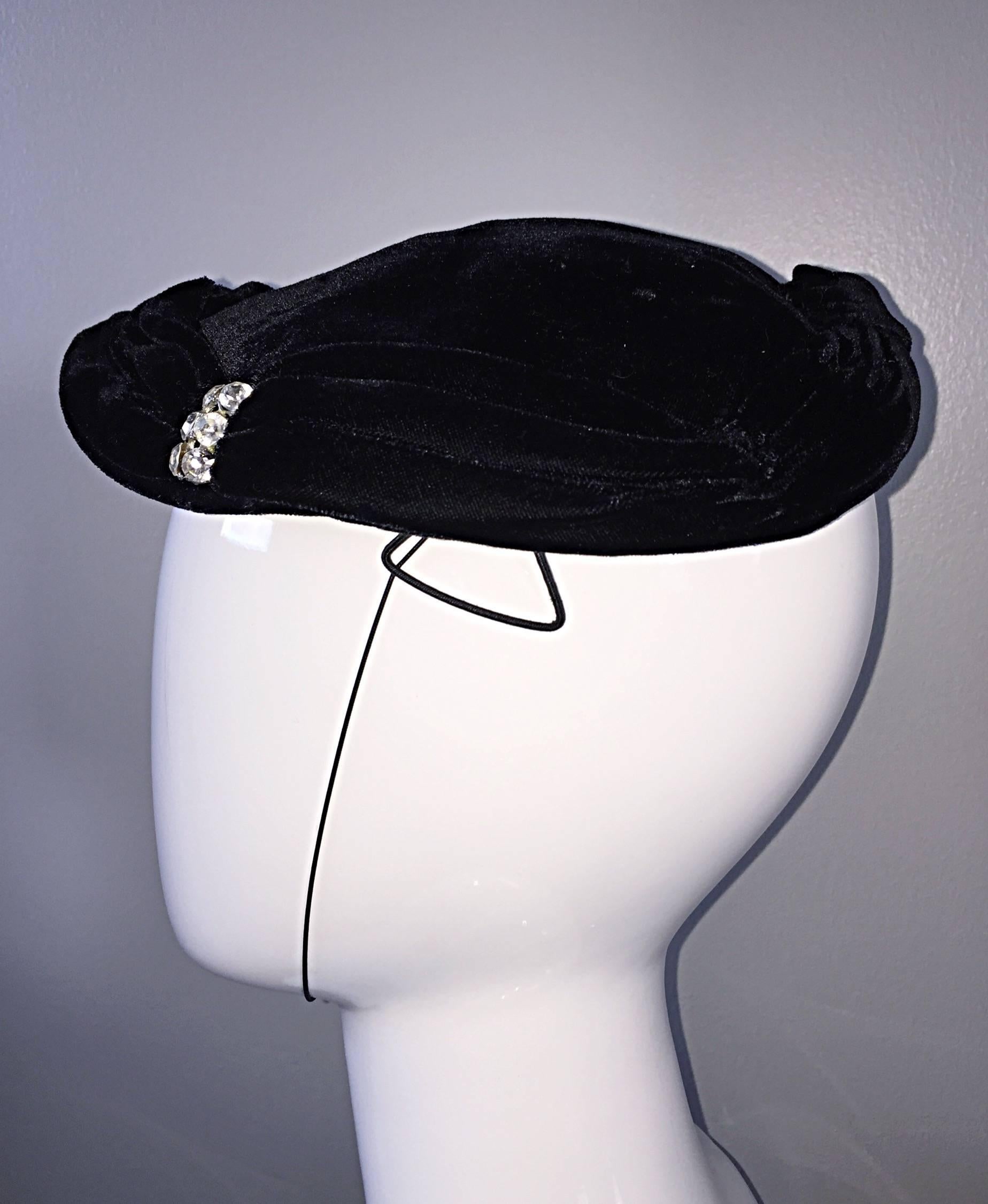 Gray Beautiful 1940s Silk Velvet Vintage Black Hat w/ Rhinestones and Chin Strap For Sale