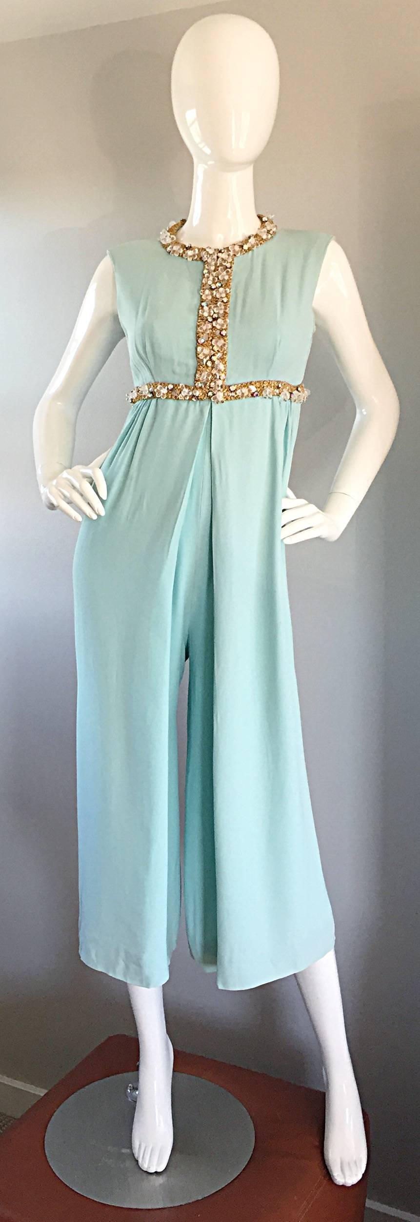 Beautiful 1960s 60 Light Blue Silk Jumpsuit w/ Rhinestones + Sequins + Wide Legs 1