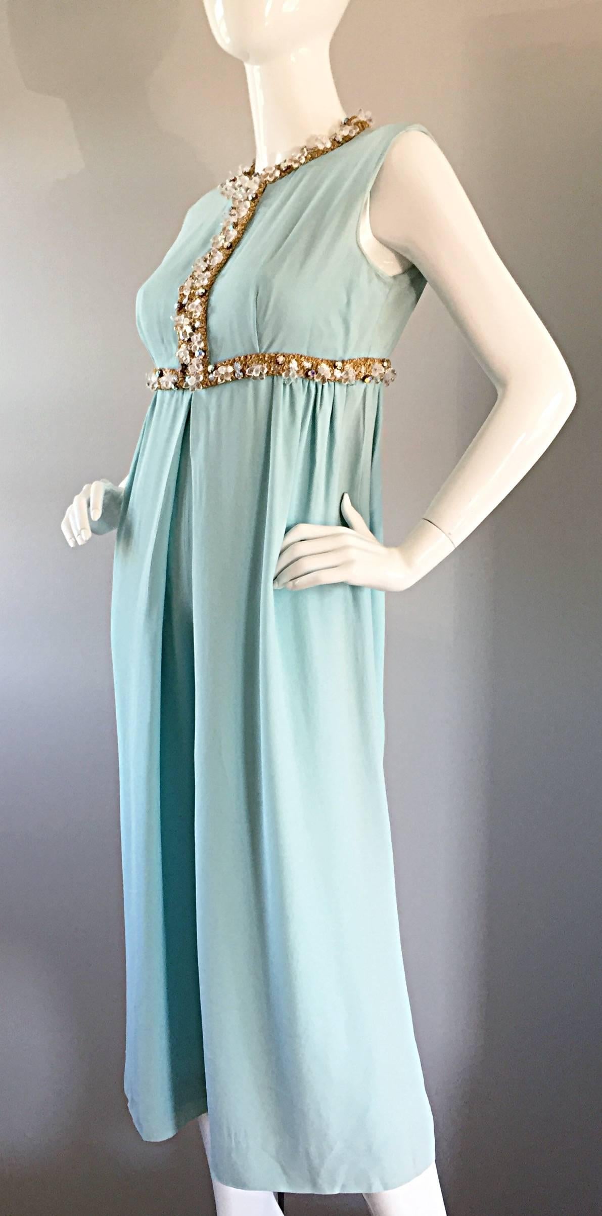 Beautiful 1960s 60 Light Blue Silk Jumpsuit w/ Rhinestones + Sequins + Wide Legs 2