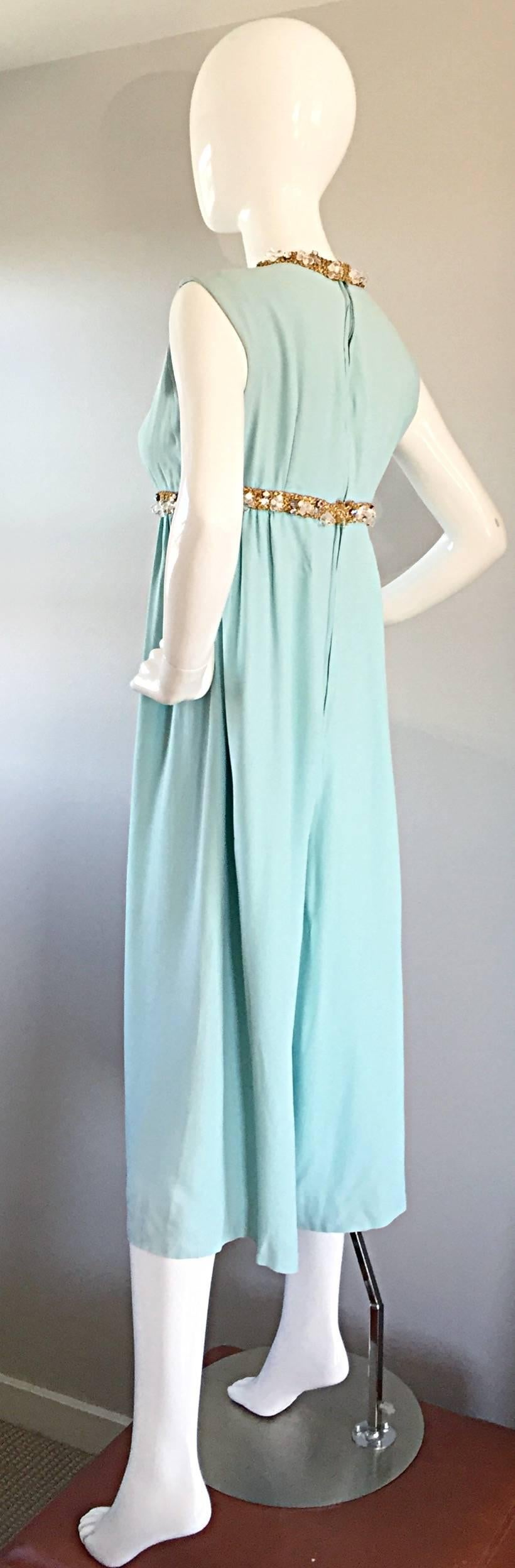 Beautiful 1960s 60 Light Blue Silk Jumpsuit w/ Rhinestones + Sequins + Wide Legs In Excellent Condition In San Diego, CA