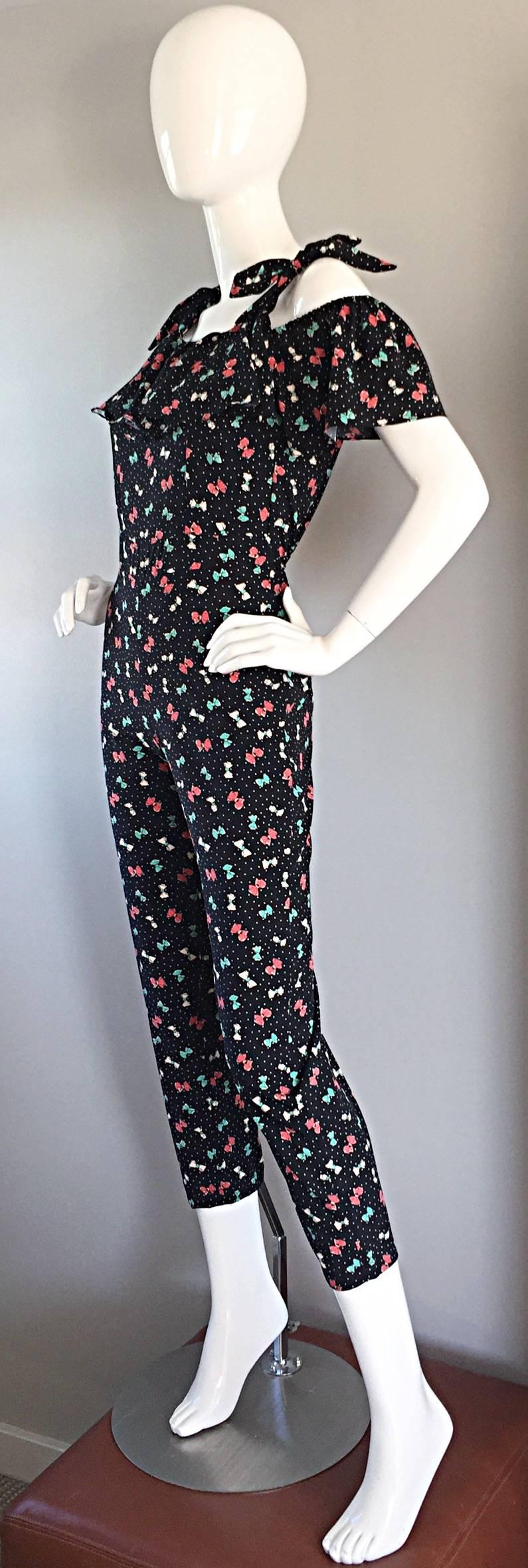 Amazing Vintage Novelty Ruffle Jumpsuit Romper Onesie w/ Bows + Polka Dot Prints In Excellent Condition In San Diego, CA