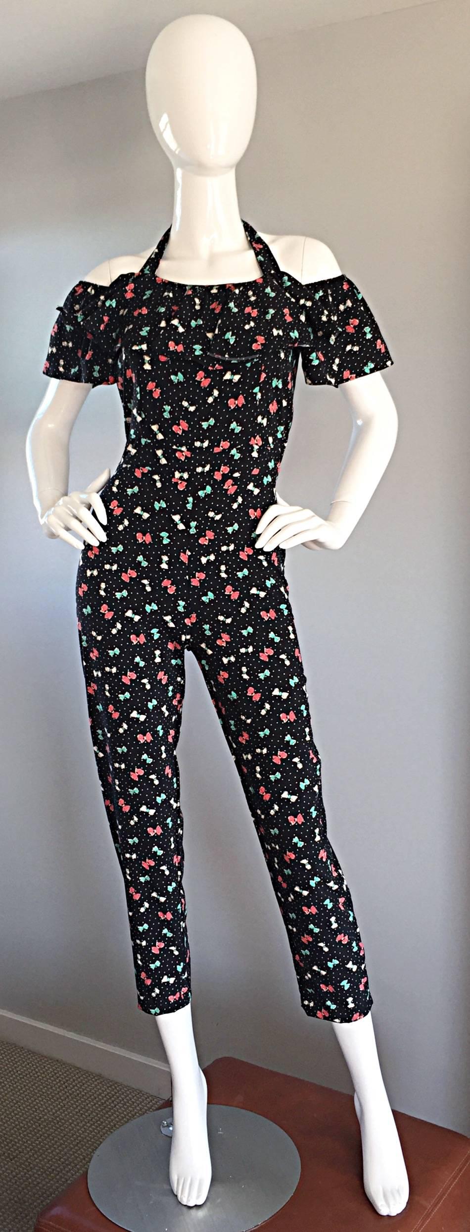 Women's Amazing Vintage Novelty Ruffle Jumpsuit Romper Onesie w/ Bows + Polka Dot Prints