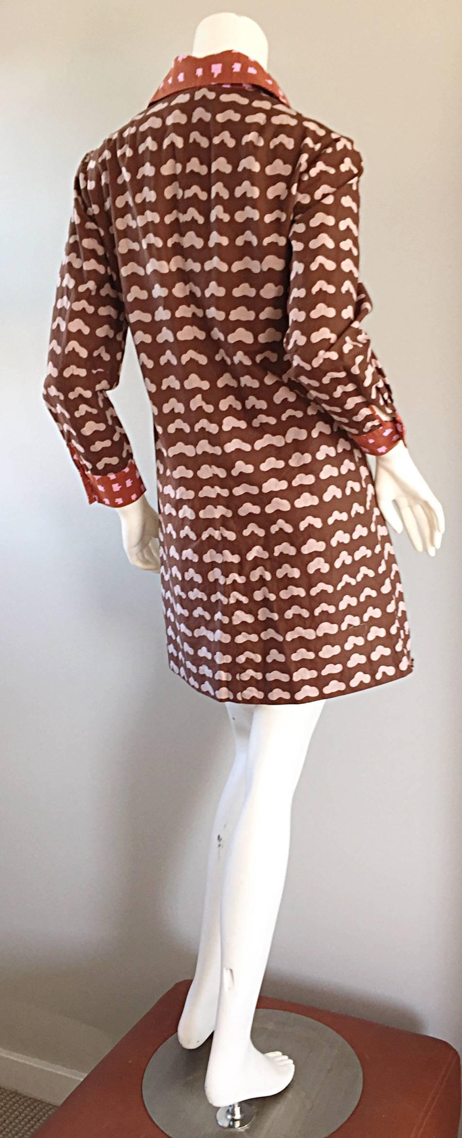 Brown 1960s Marimekko of Finland Novelty ' Cloud Print ' Cotton Shirt Dress 1969