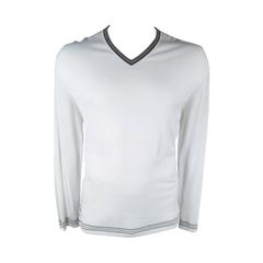 Vintage HERMES Size XXL White Cotton Striped V Neck Sweater