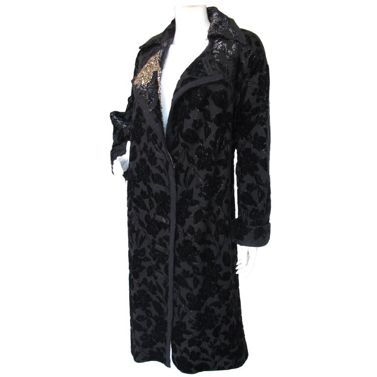 2004 Lanvin Black Sparkly Floral Print Burnout Oversize Coat
