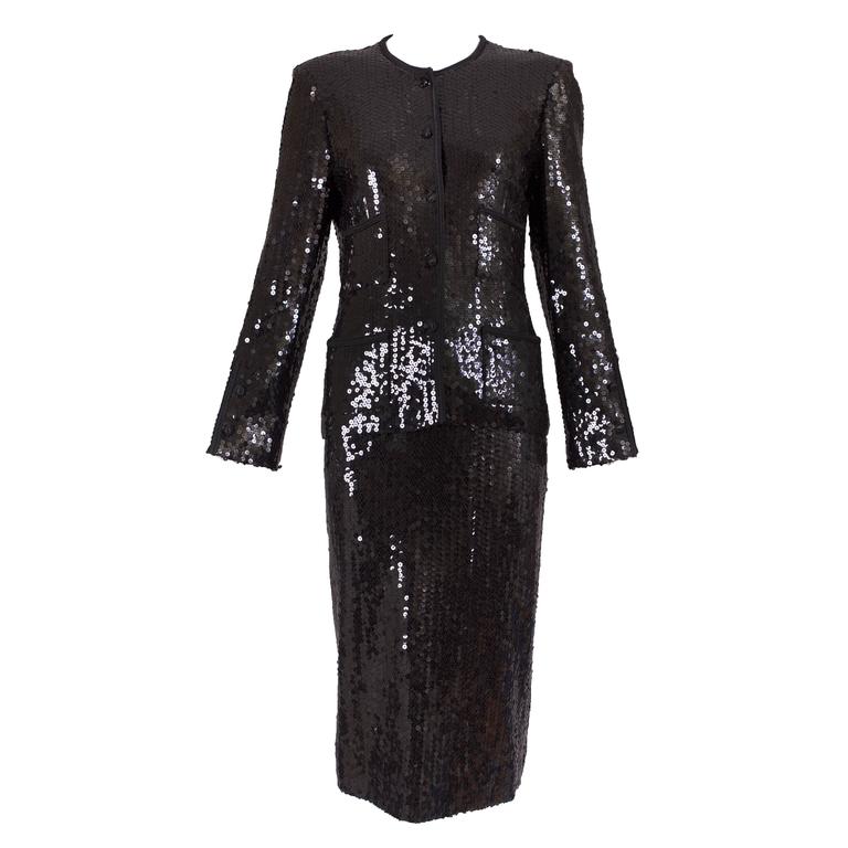 1982/83 Chanel Black Sequin Jacket and Skirt Suit Evening Ensemble at ...