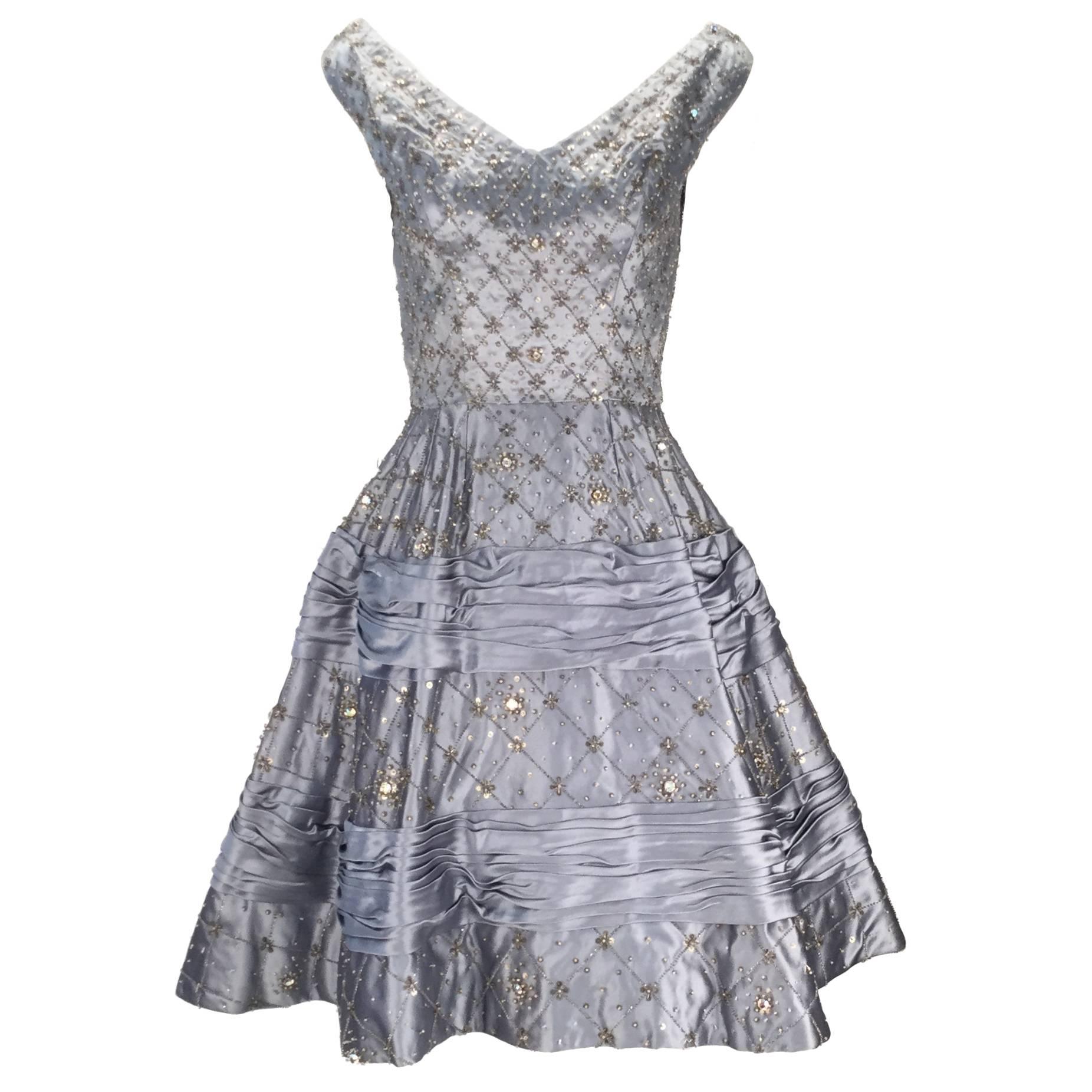 1950s Dusty Blue Satin "New Look" Rhinestone Evening Dress 