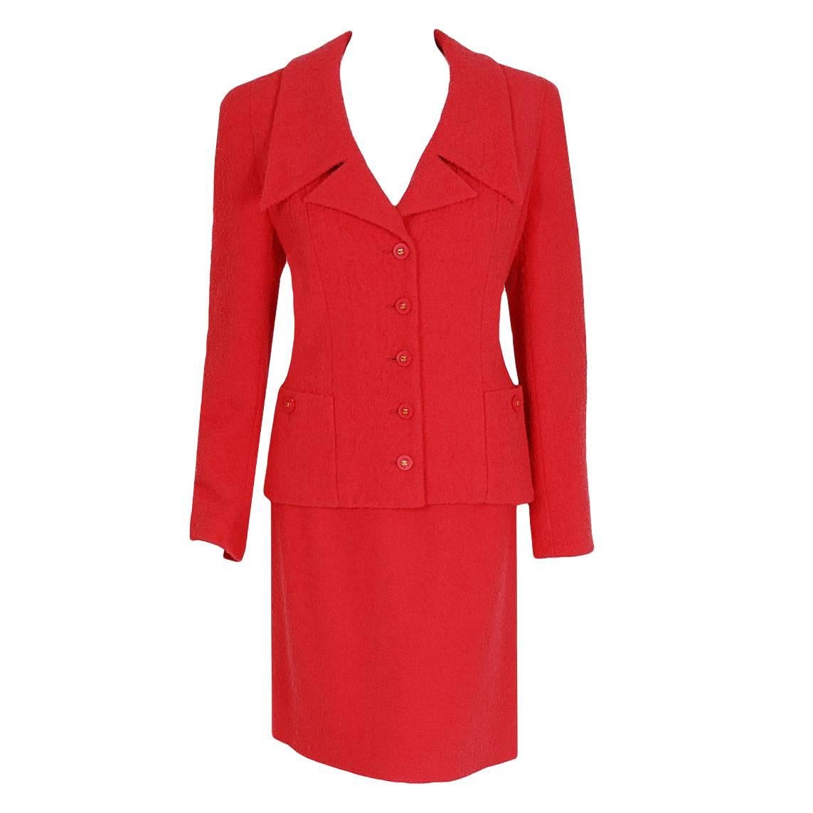 1994 Chanel Runway Hot-Pink Boucle Wool Portrait-Collar Tailored Jacket Suit