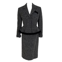 1940's Lilli-Ann Black White Wool & Velvet Peplum Corset-Back Hourglass Suit 