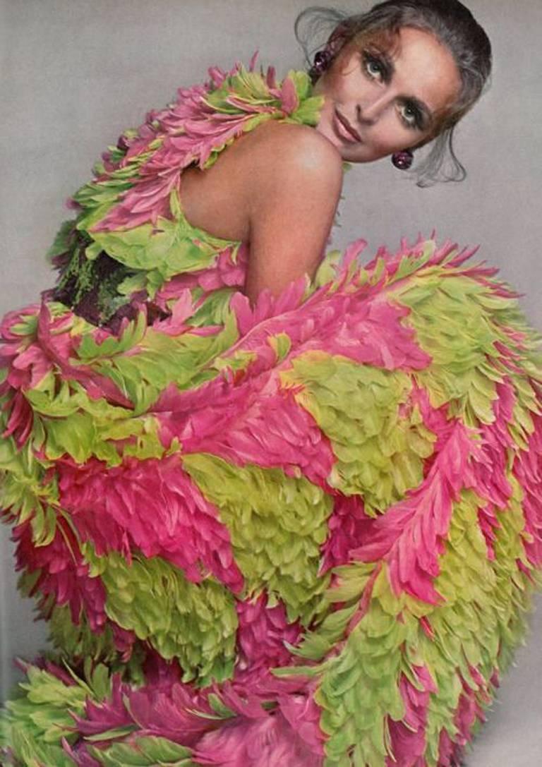 RARE GALANOS 1960s Pink and Green feather dress ( documented)  2