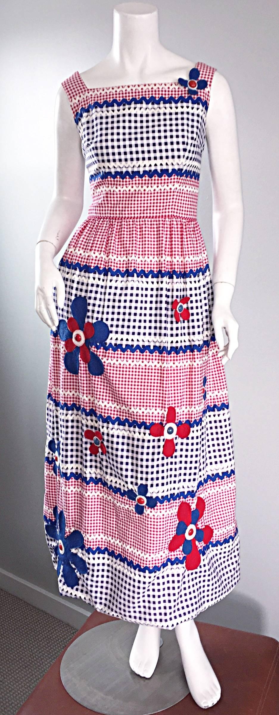 Importante Malcolm Starr Gino Charles Vintage 60s Gingham Flower Maxi Dress degli anni '60 In condizioni ottime in vendita a San Diego, CA