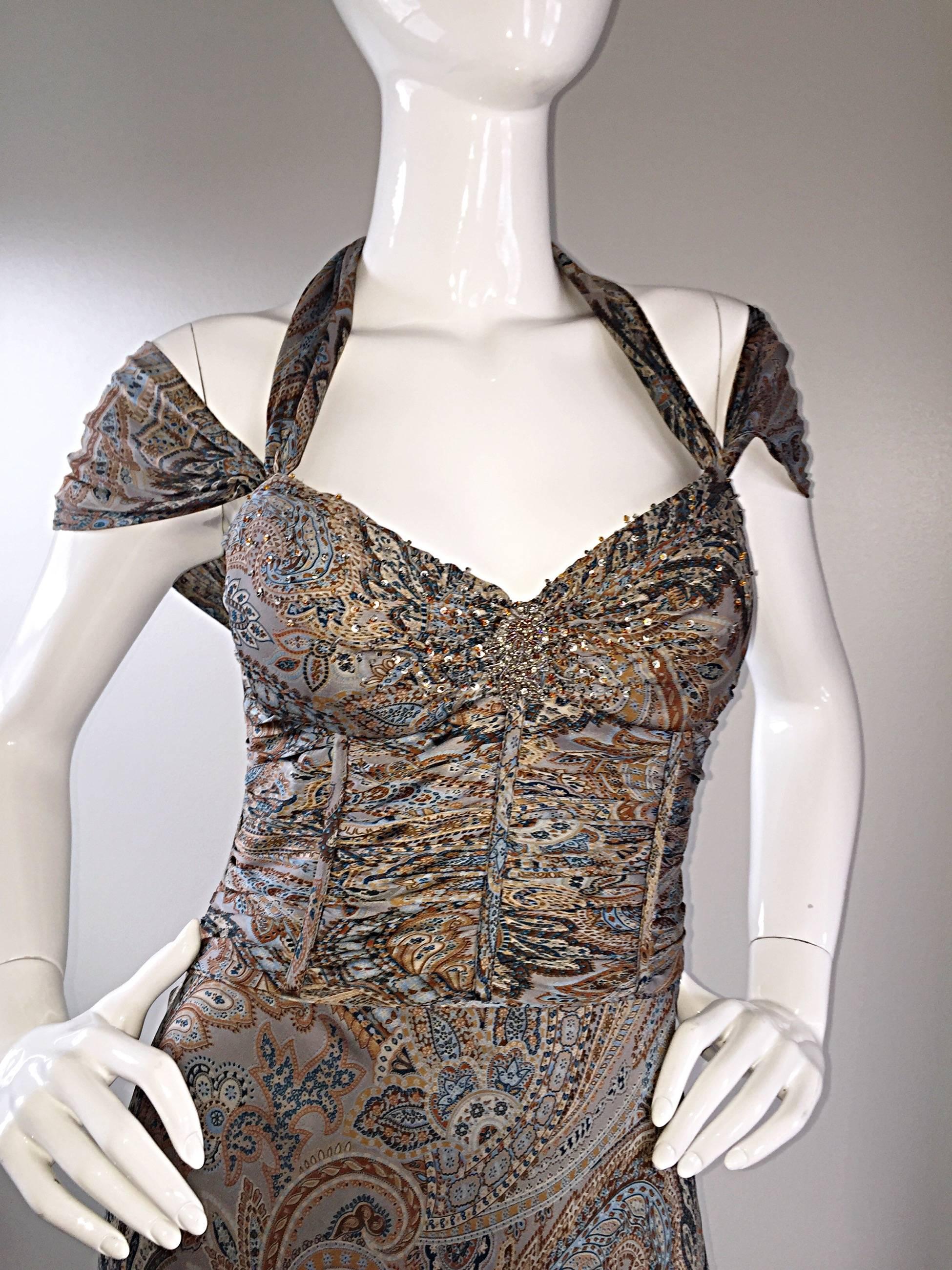 Stunning Badgley Mischka 2000s Silk Beaded Paisley Halter Cap Sleeve Dress 2
