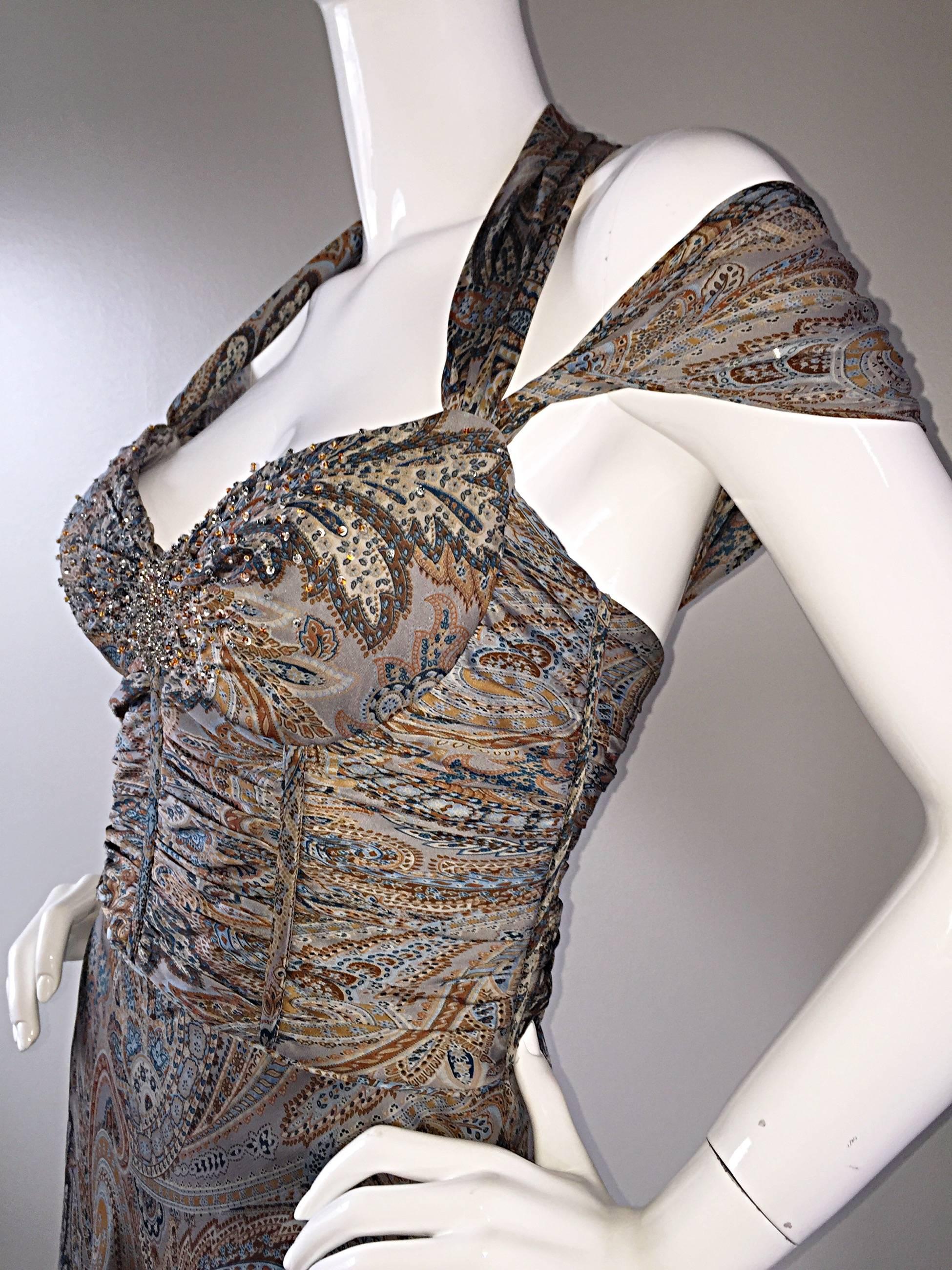 Stunning Badgley Mischka 2000s Silk Beaded Paisley Halter Cap Sleeve Dress 1