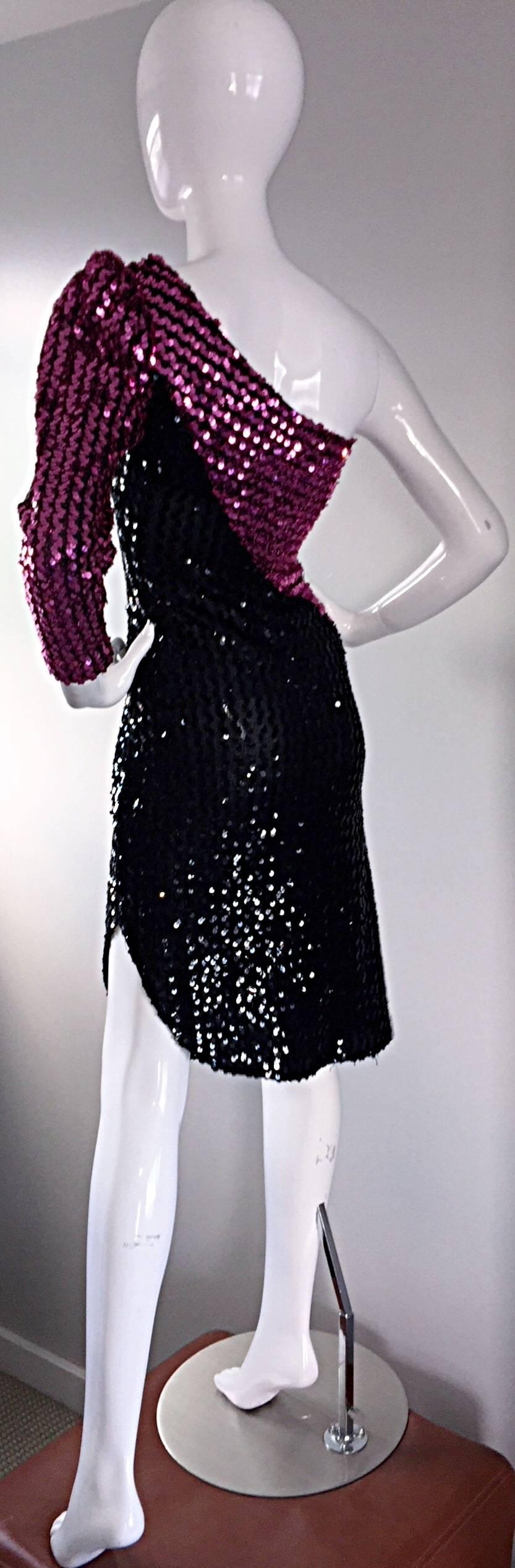 Incredible 1970s disco Studio 54 vintage SAMIR sequined one shoulder dress! Allover black and pink sequins. Slightly raised hem on one side. Looks great alone, or belted. Definitely a statement worthy dress, that looks amazing on! Hidden zipper up