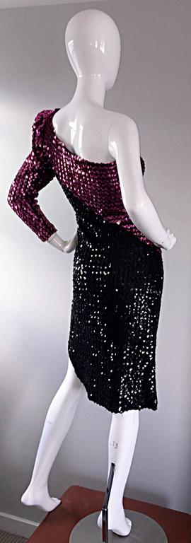 1970s Samir Vintage Disco 70s Black Pink Sequin One Shoulder Color Block Dress For Sale at 1stdibs
