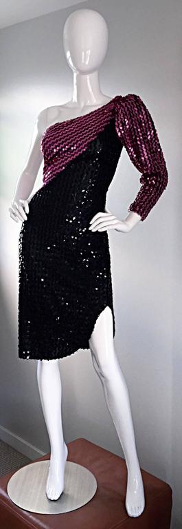 1970s Samir Vintage Disco 70s Black Pink Sequin One Shoulder Color Block Dress For Sale at 1stdibs