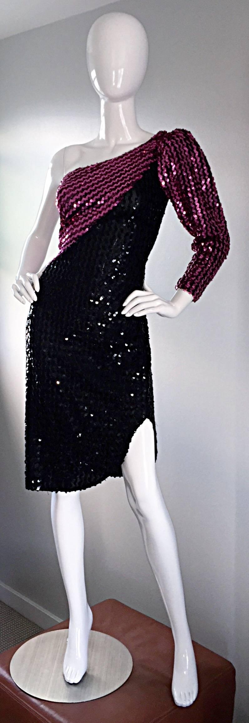 Women's 1970s Samir Vintage Disco 70s Black Pink Sequin One Shoulder Color Block Dress