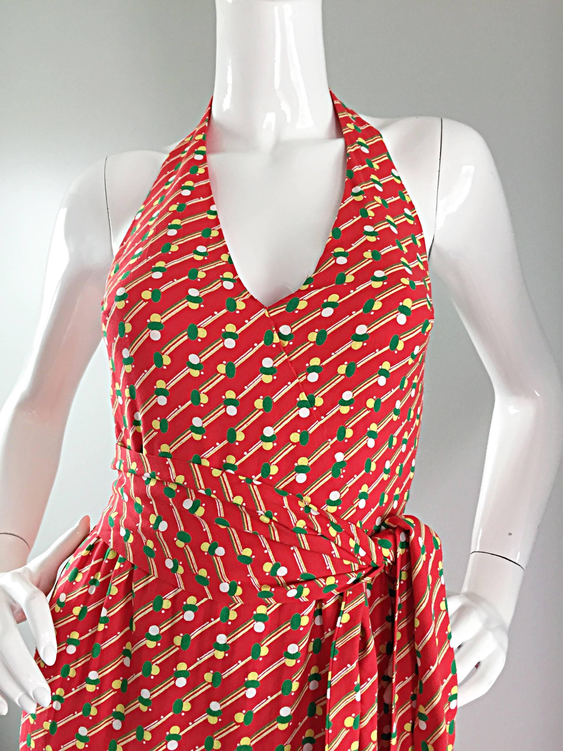 Rare Vintage Geoffrey Beene 1970s Pill Print Halter Jersey70s Wrap Maxi Dress  In Excellent Condition For Sale In San Diego, CA