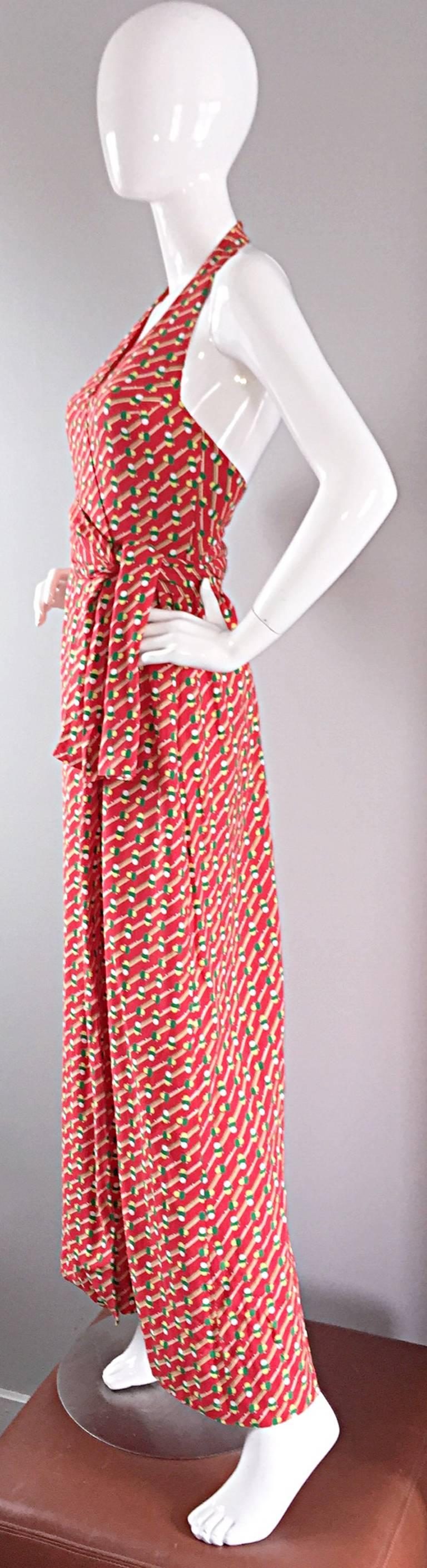 Rare Vintage Geoffrey Beene 1970s Pill Print Halter Jersey70s Wrap Maxi Dress  For Sale 1