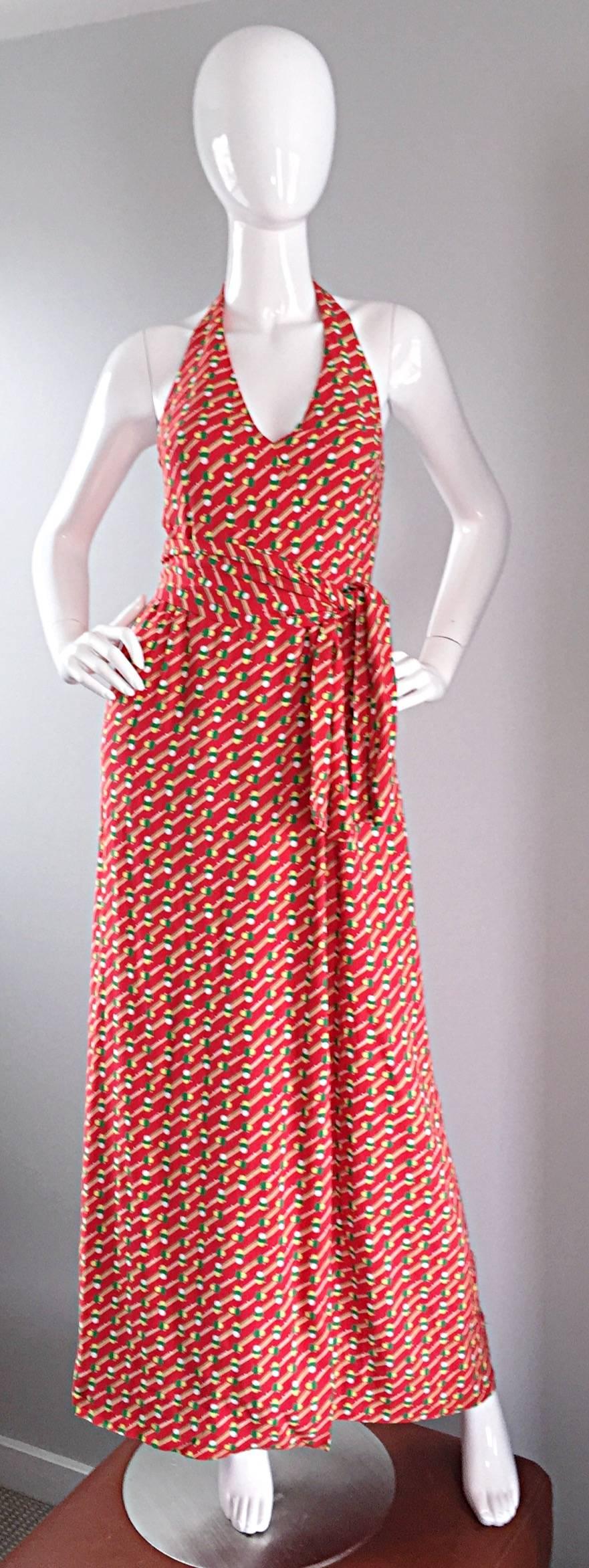 Pink Rare Vintage Geoffrey Beene 1970s Pill Print Halter Jersey70s Wrap Maxi Dress  For Sale