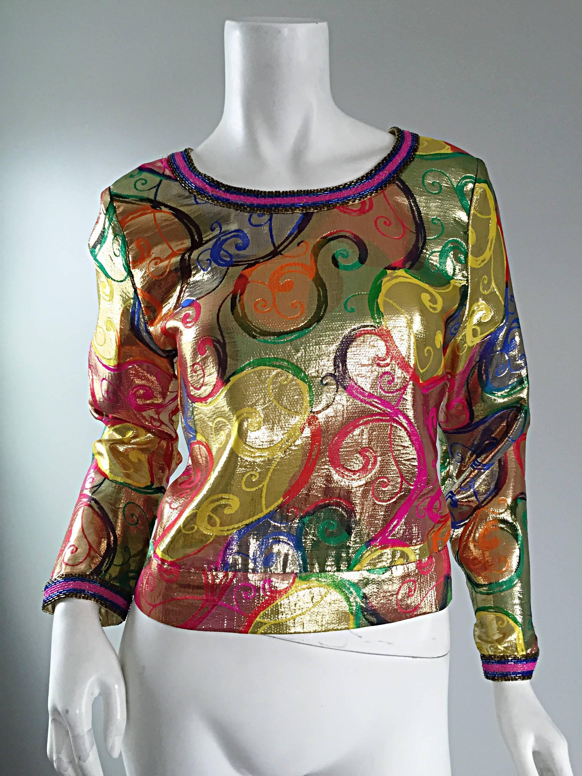 New Vintage Diane Freis Colorful Silk Metallic Swirl Print Beaded Top Blouse NWT 1