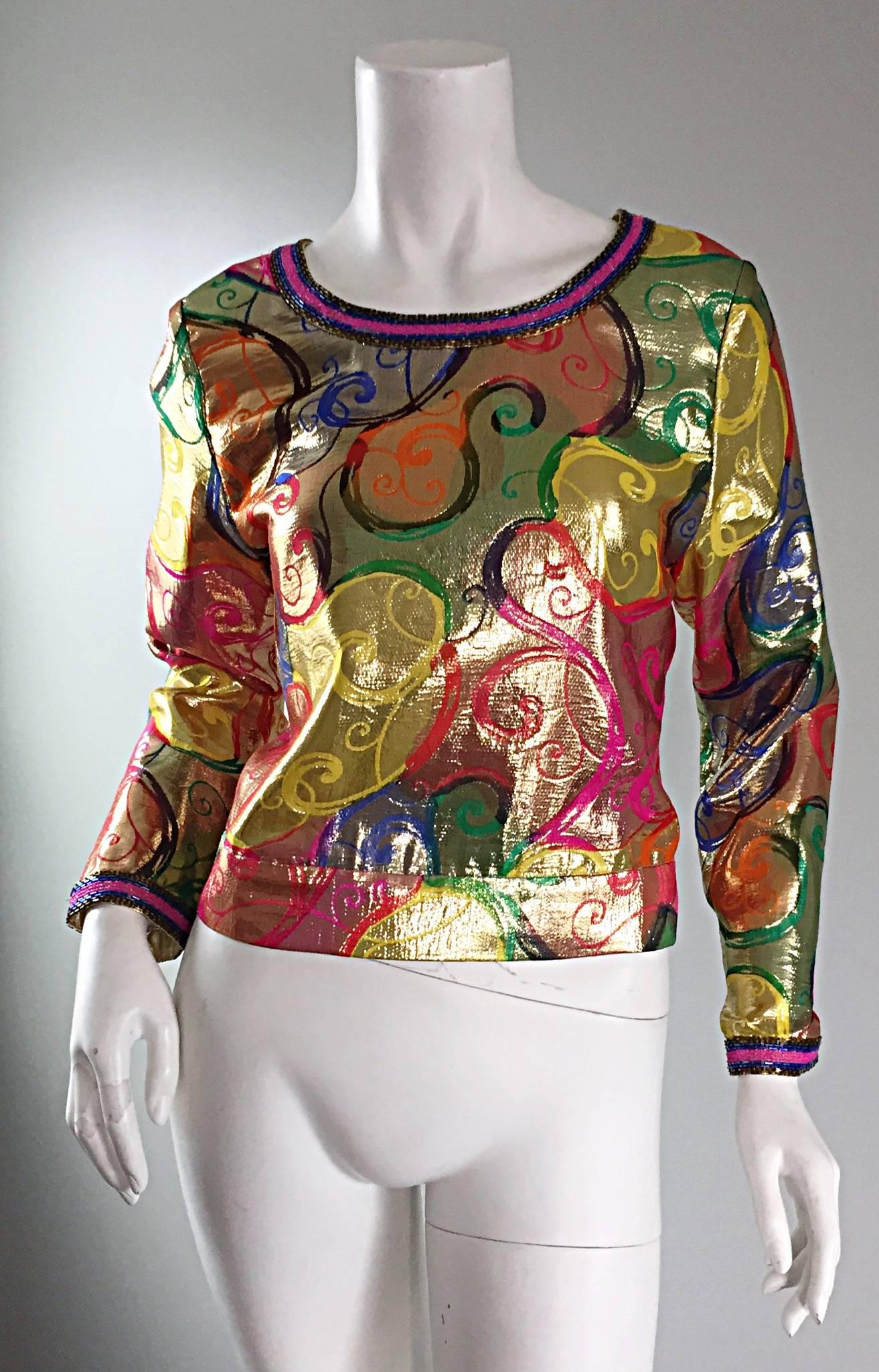 Brown New Vintage Diane Freis Colorful Silk Metallic Swirl Print Beaded Top Blouse NWT