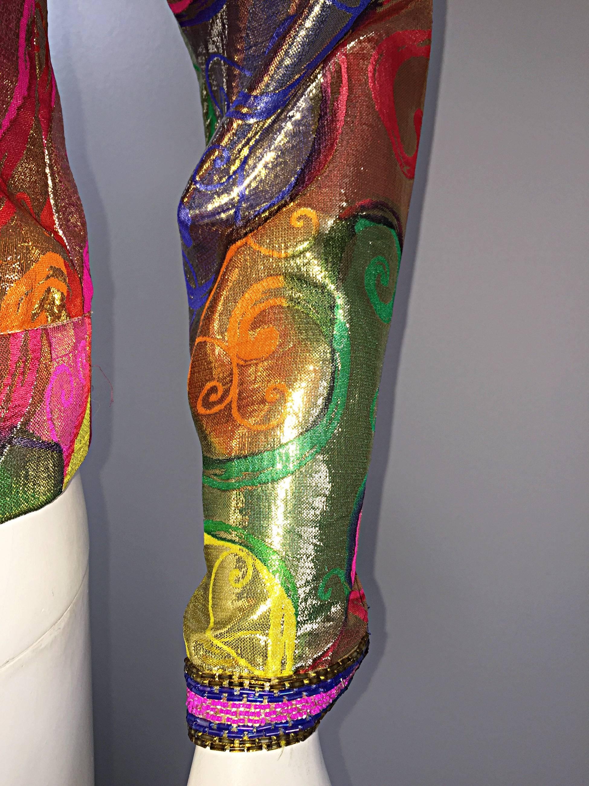 Women's New Vintage Diane Freis Colorful Silk Metallic Swirl Print Beaded Top Blouse NWT