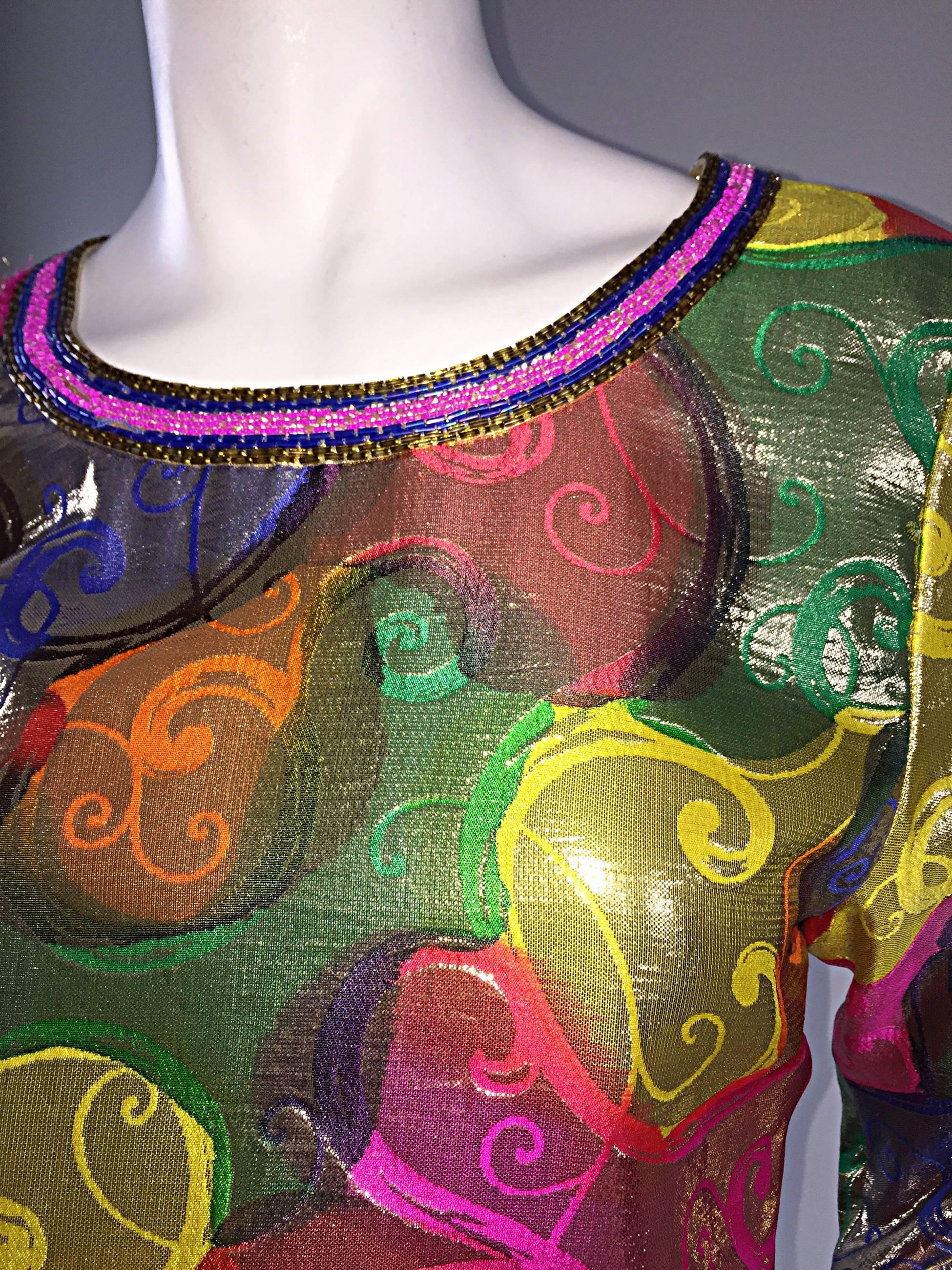 New Vintage Diane Freis Colorful Silk Metallic Swirl Print Beaded Top Blouse NWT 3