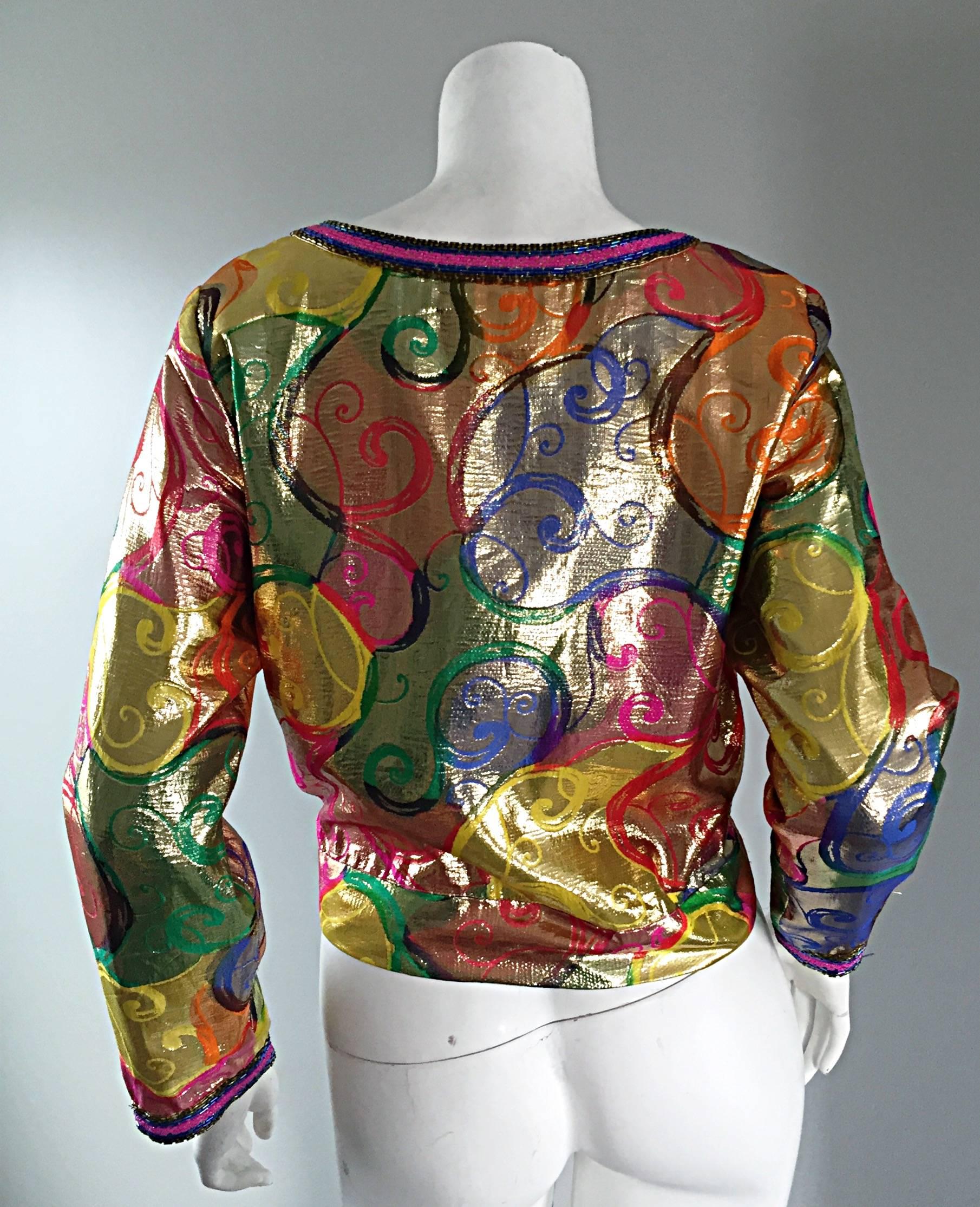 New Vintage Diane Freis Colorful Silk Metallic Swirl Print Beaded Top Blouse NWT In New Condition In San Diego, CA