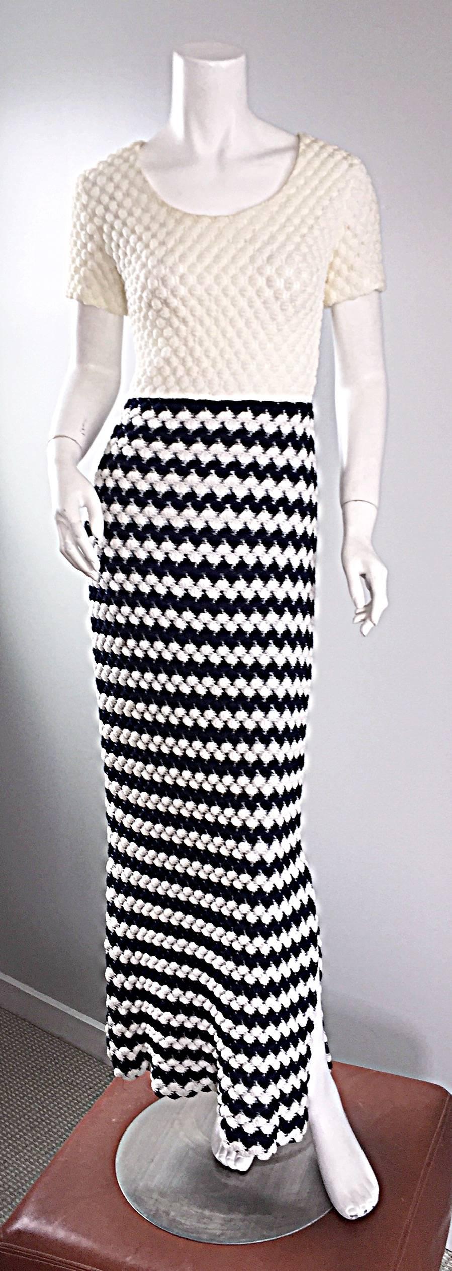 Vintage I. Magnin Navy Blue + White Crochet Nautical Striped Maxi Designer Dress For Sale 1