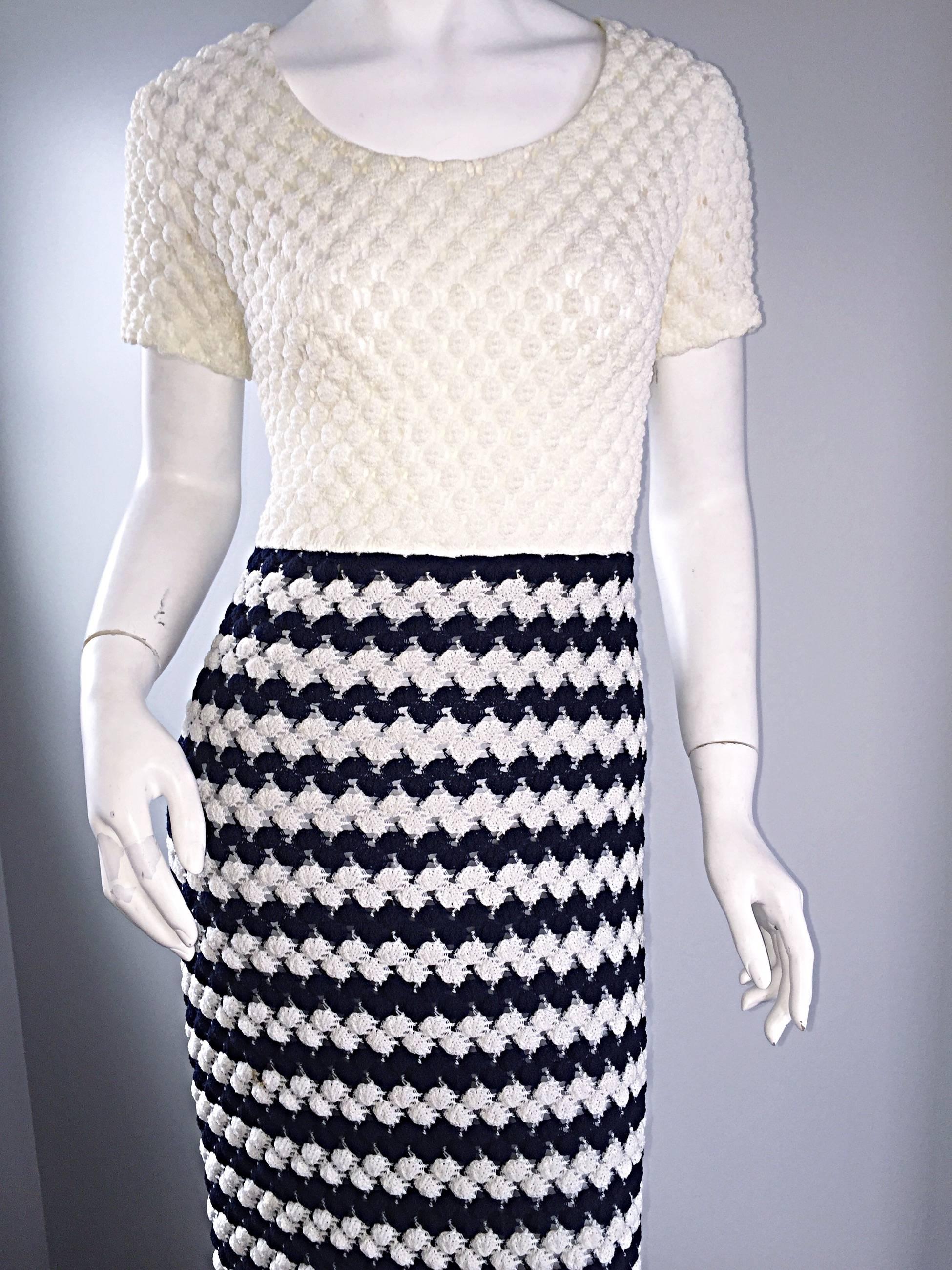 Gray Vintage I. Magnin Navy Blue + White Crochet Nautical Striped Maxi Designer Dress For Sale