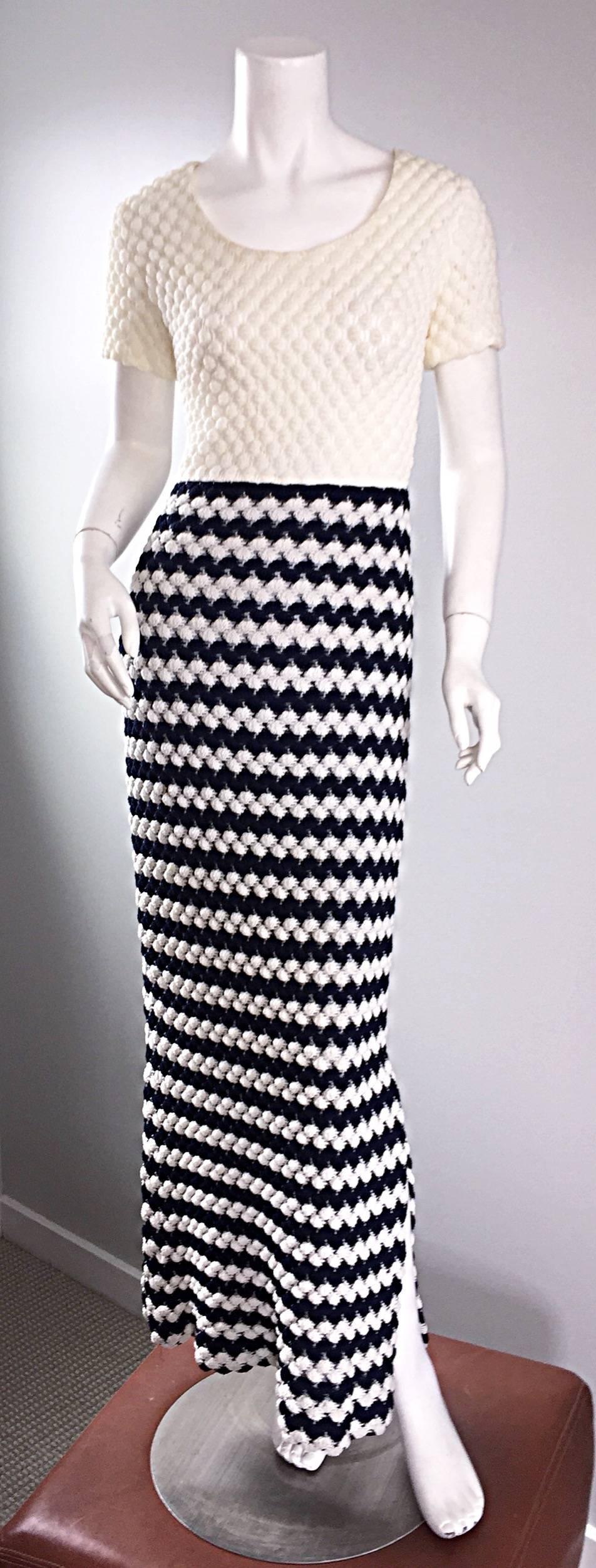 Women's Vintage I. Magnin Navy Blue + White Crochet Nautical Striped Maxi Designer Dress For Sale