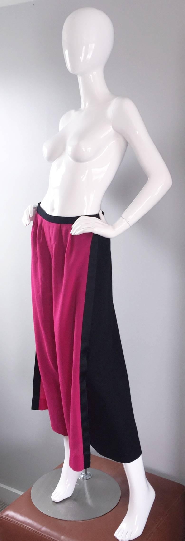 Red Striking Vintage Galanos Pink + Black Color Block Culottes Wide Leg Wool Pants 