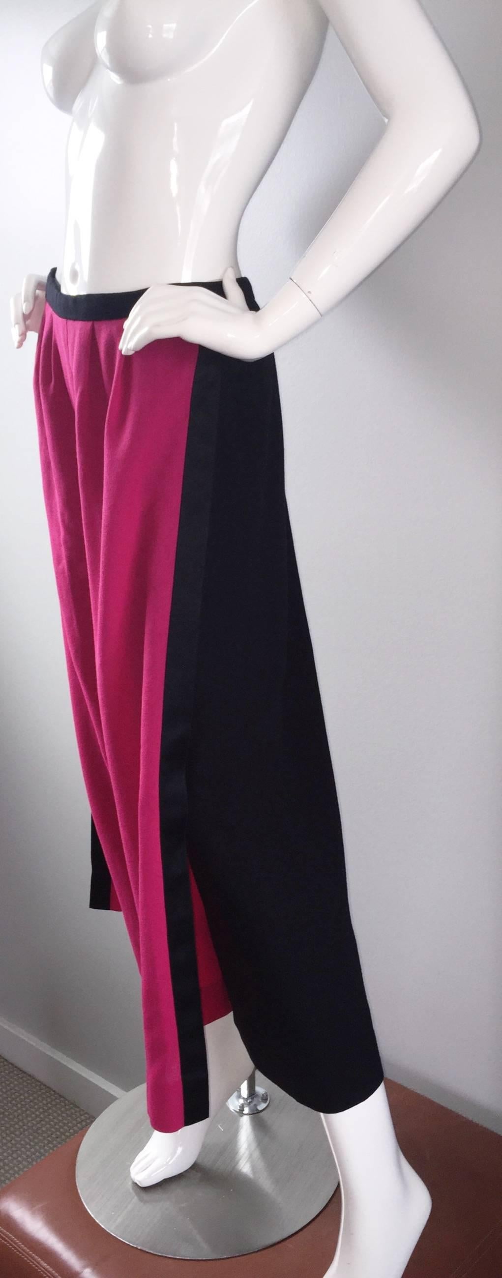 Women's Striking Vintage Galanos Pink + Black Color Block Culottes Wide Leg Wool Pants 