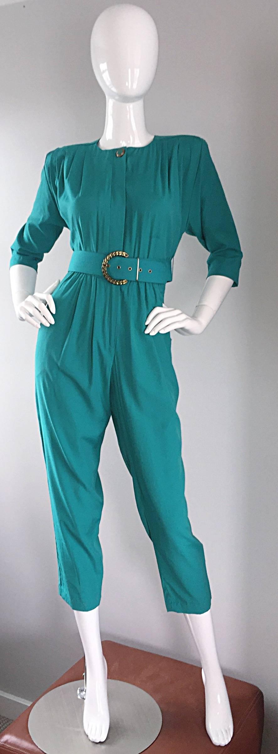 Women's Chic 1980s 80s Teal Green Vintage Jumpsuit Romper Onesie w/ Belt 