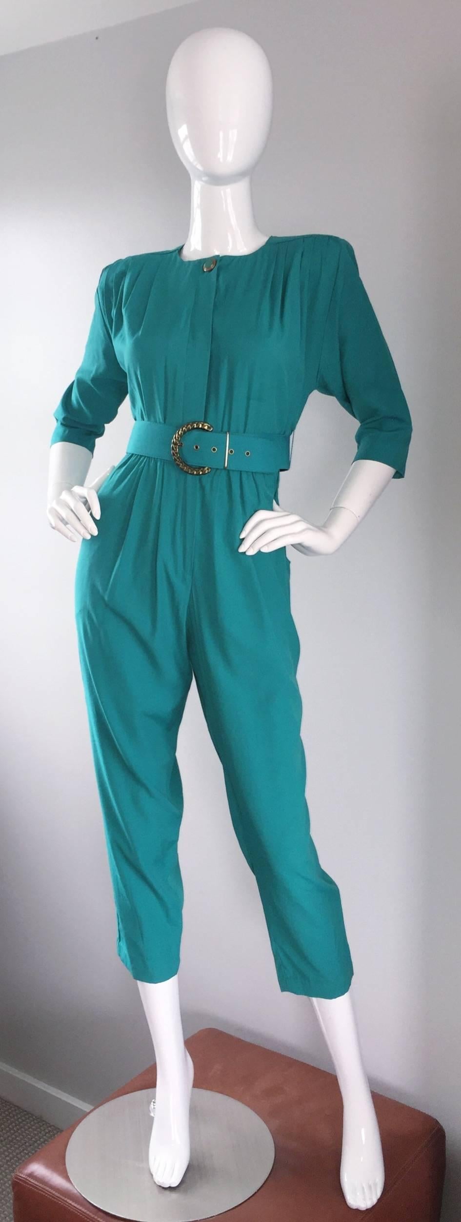 Chic 1980s 80s Teal Green Vintage Jumpsuit Romper Onesie w/ Belt  In Excellent Condition In San Diego, CA
