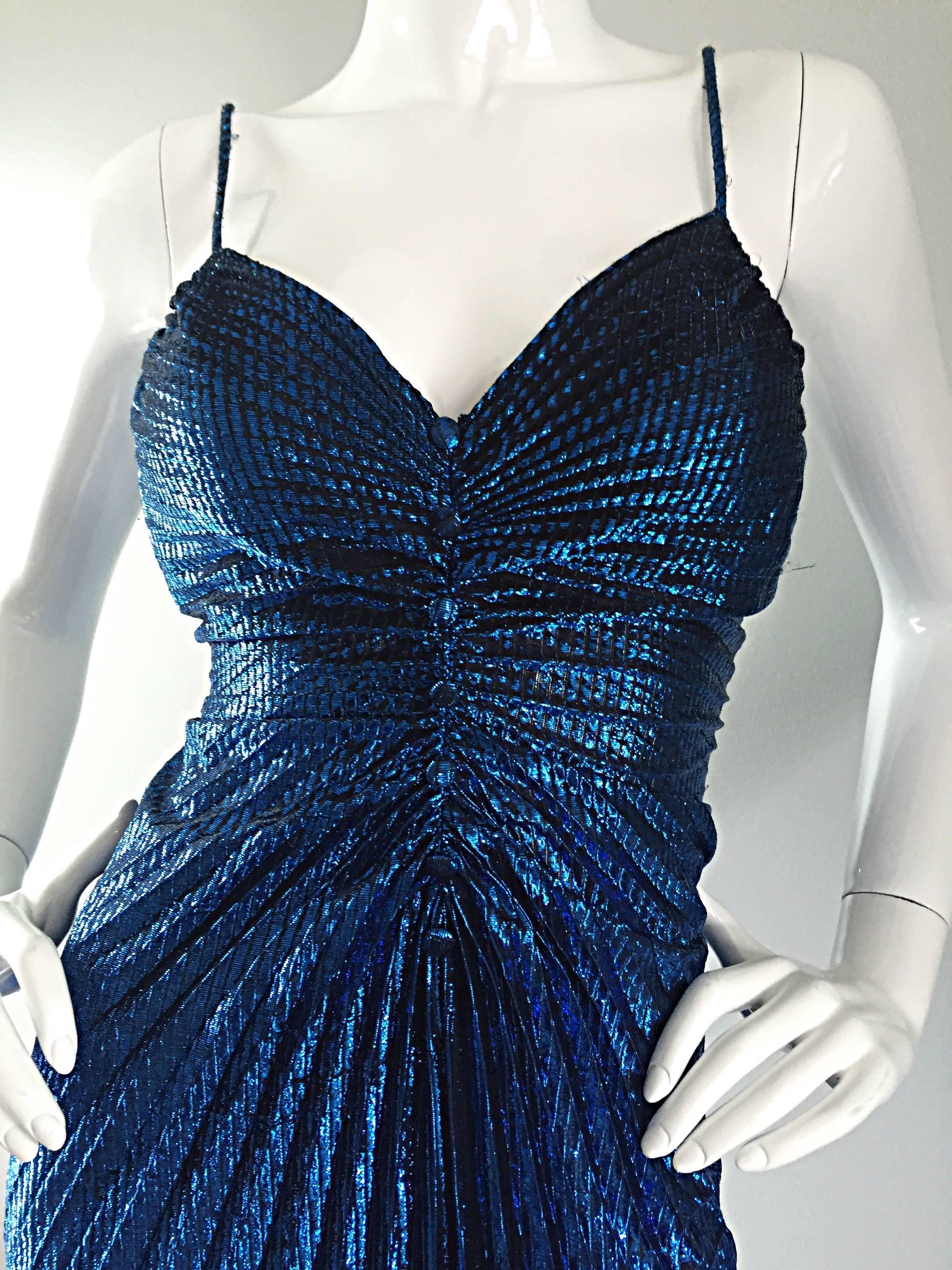 Women's Vintage New Leaf Samir 1970s 70s Sexy Blue Metallic Pleated Disco Dress 