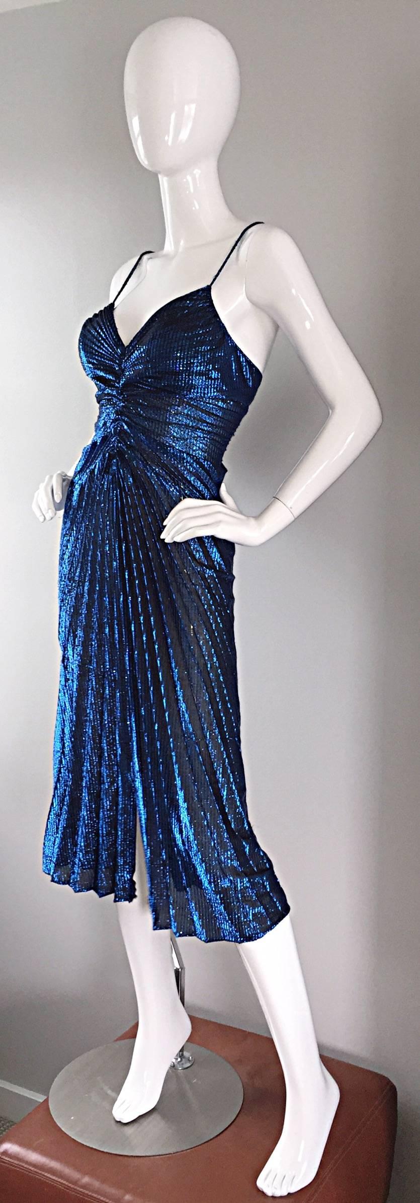 Vintage New Leaf Samir 1970s 70s Sexy Blue Metallic Pleated Disco Dress  In Excellent Condition In San Diego, CA