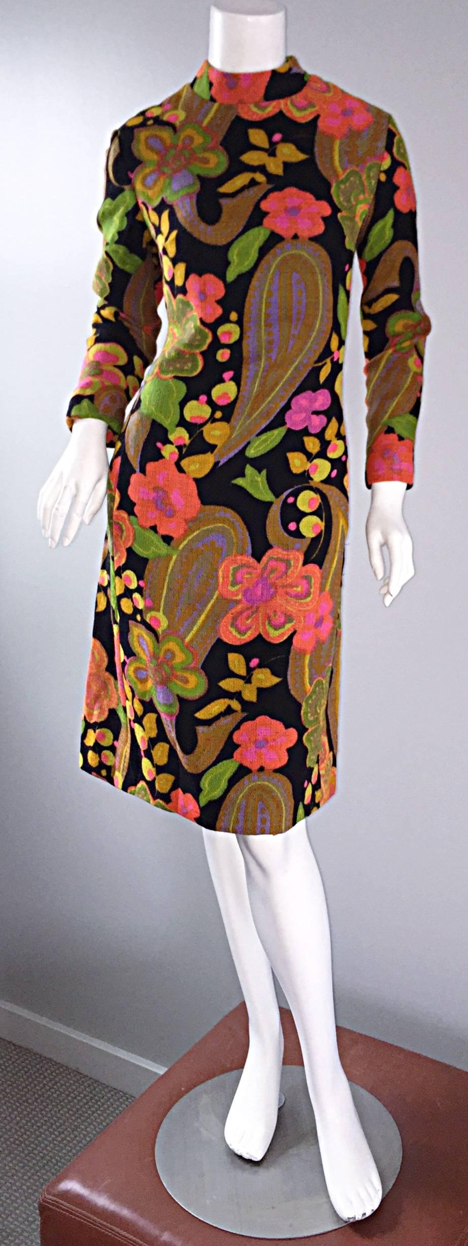 Brown 1960s 60s Psychedelic Flowers + Paisley Colorful Print Mod Retro A - Line Dress For Sale