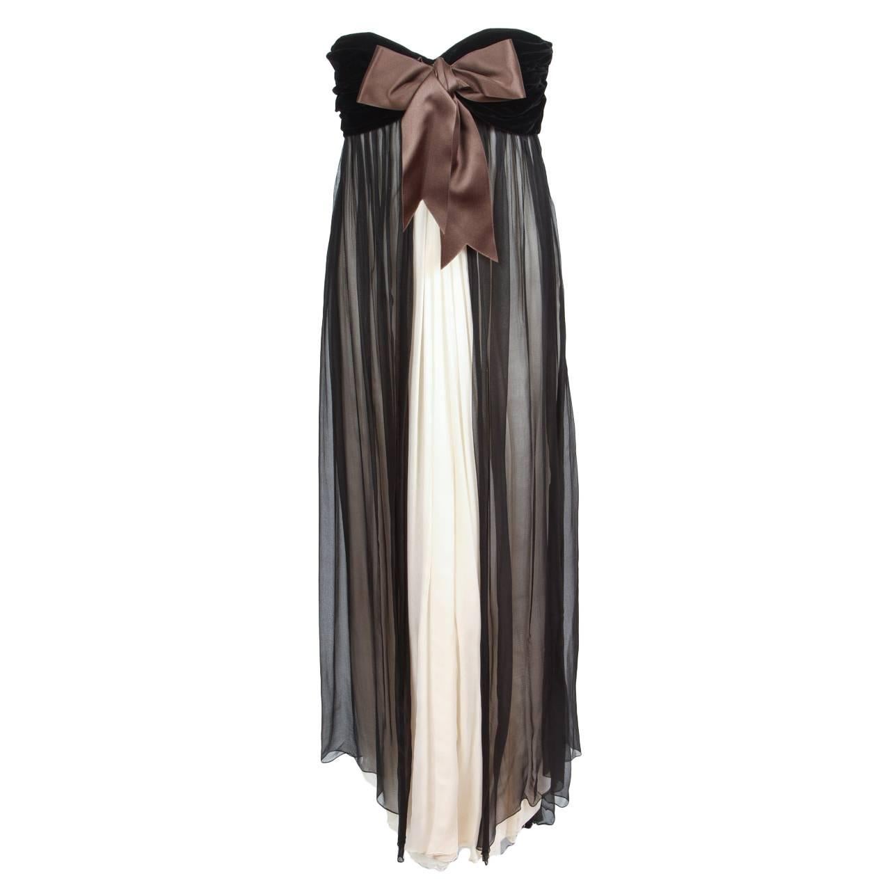 1985 Yves Saint Laurent Haute Couture Empire Chiffon&Velvet Evening Gown Dress