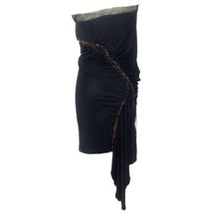 Alexander McQueen Early 2000s Black Ruched Brass Ring Lace Up Tube Dress